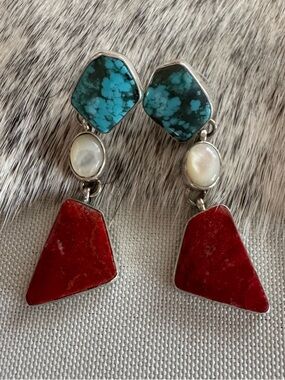 Native American Turquoise, Mother of Pearl and Coral earrings